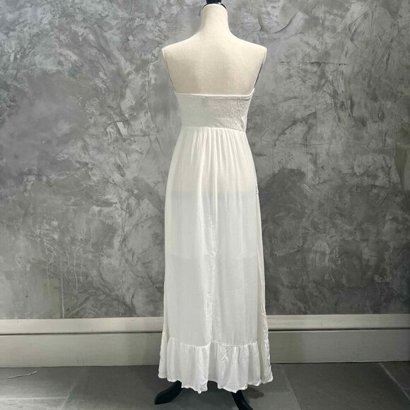 White Strapless Boho Embroidered A-Line Dress Holiday Wedding Romantic Festival - Picture 4 of 12